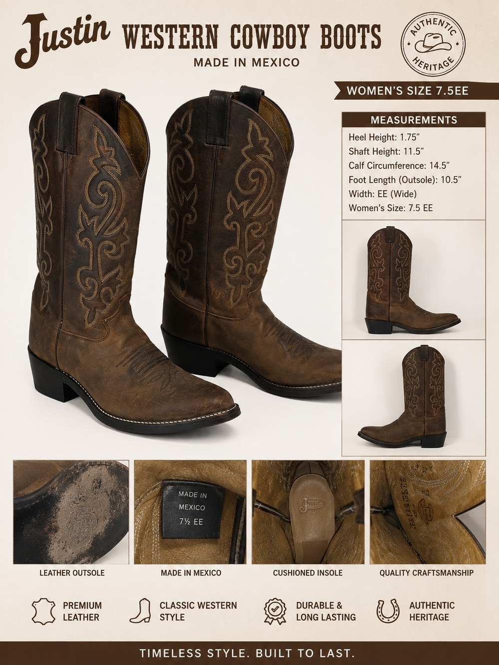 Justin Western Cowboy Boots — Women’s 7.5 EE